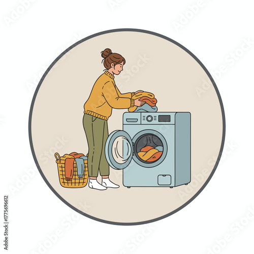 Woman doing laundry and organizing clothes by washing machine  