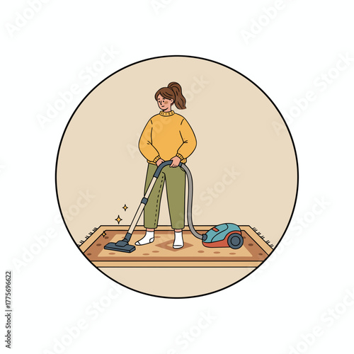 Young woman vacuuming carpet while wearing casual clothing at home  