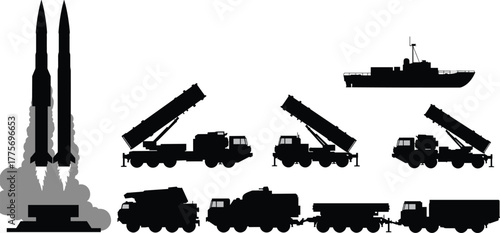 Military missile launch, rocket silhouette, defense vehicles, naval warship, army trucks, strategic equipment, warfare technology, combat transport, artillery system, radar ship