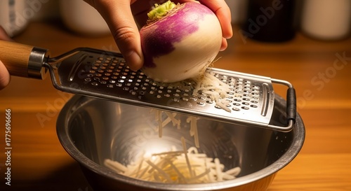 Grated Vegetable Preparation Showing Turnip Held Above Stainless Steel Bowl For Cooking