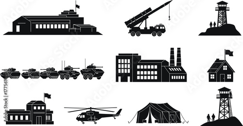 Military infrastructure silhouettes, defense buildings, armored vehicles, watchtowers, helicopters, tents, missile launcher, black vector illustration, war zone, tactical layout