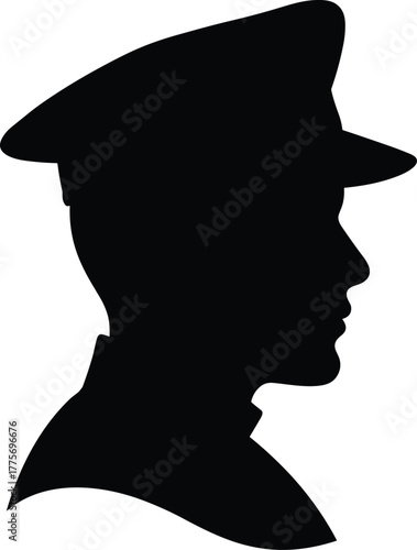 Military officer silhouette, profile view, peaked cap, black illustration, authority figure, uniformed personnel, head and shoulders, white background, icon
