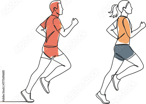 Continuous line drawing of a man and woman running with watercolor color blocks. Design for running club logos, fitness challenge badges, or wellness blog headers. EPS version.