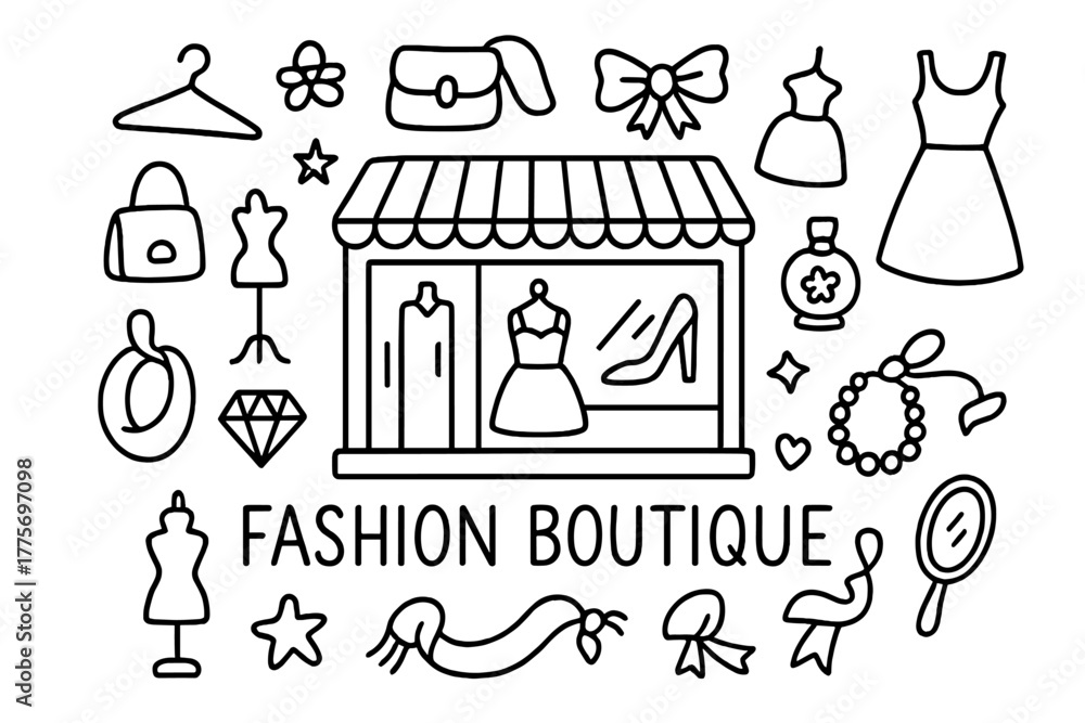 Obraz premium Fashion Boutique Doodle. Fashion boutique. Hand-drawn doodle illustration of fashion boutique. In the middle,