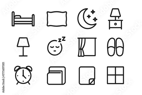 Peaceful Sleep Icons. Peaceful sleep. Line outline icon set of peaceful sleep: bed, pillow, moon, stars,