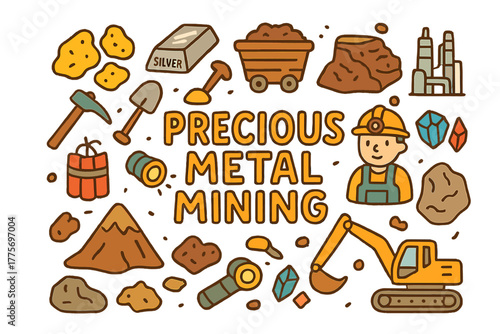 Doodle Metal Mining. Precious Metal Mining. Hand-drawn doodle illustration of precious metal mining. Gold