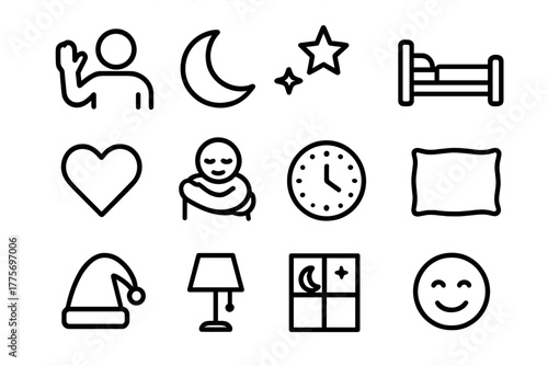 Goodnight Icon Set. Saying goodnight. Line outline icon set of saying goodnight: person waving, moon, stars,