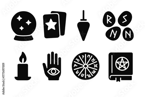 Divination Tools Icons. Divination tools. Filled icon set of divination tools: crystal ball, tarot cards,
