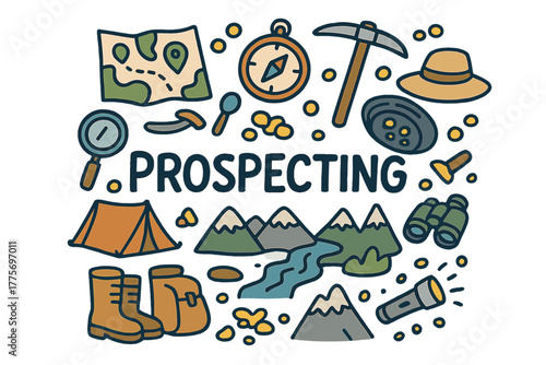 Prospecting Doodle Icons. Prospecting. Hand-drawn doodle illustration of prospecting. Map, compass, magnifying