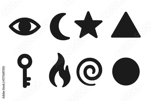 Mystic Symbol Icons. Mystic symbols. Filled icon set of mystic symbols: eye, moon, star, triangle, key, flame,
