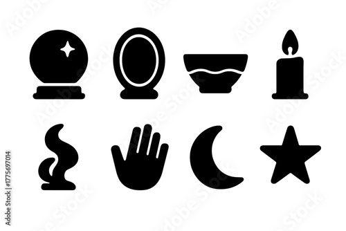 Scrying Icon Set. Scrying. Filled icon set of scrying: crystal ball, mirror, water bowl, candle, smoke, hand,