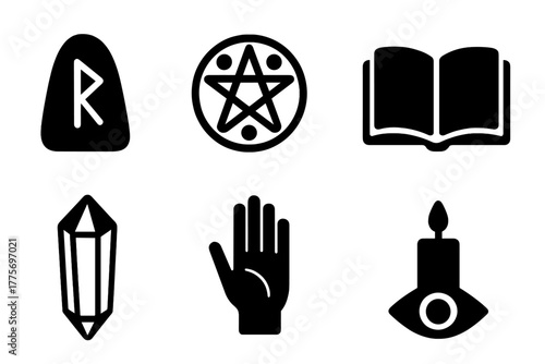 Mystical Icons Set. Runes and sigils. Filled icon set of runes and sigils: rune stone, magic circle, sigil