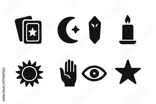 Tarot Icon Set. Tarot reading. Filled icon set of tarot reading: tarot cards, moon, crystal, candle, sun, hand