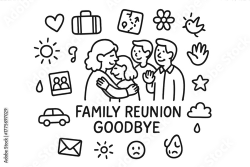Family Reunion Farewell. Family reunion goodbye. Hand-drawn doodle illustration of family reunion goodbye. In