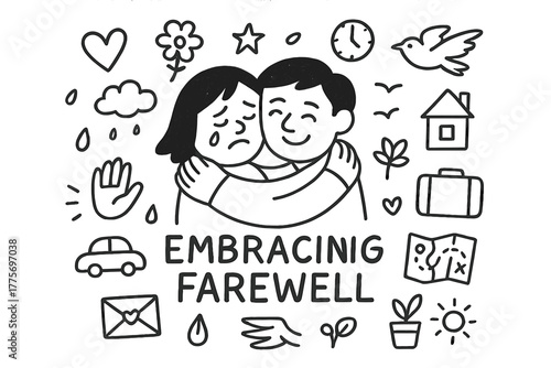 Doodle Embrace Farewell. Embracing farewell. Hand-drawn doodle illustration of embracing farewell. In the