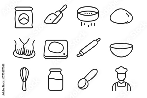 Baking Tools Icons Set. Flour work. Line outline icon set of flour work: flour bag, scoop, sifter, dough,