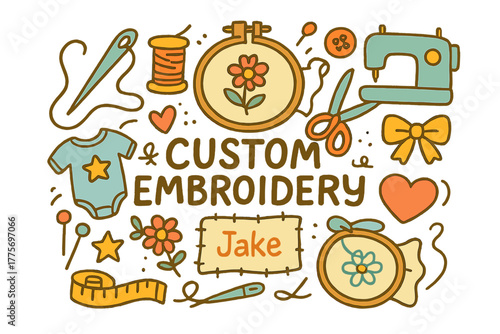 Custom Embroidery Doodles. Custom Embroidery. Hand-drawn doodle illustration of custom embroidery. Needle,