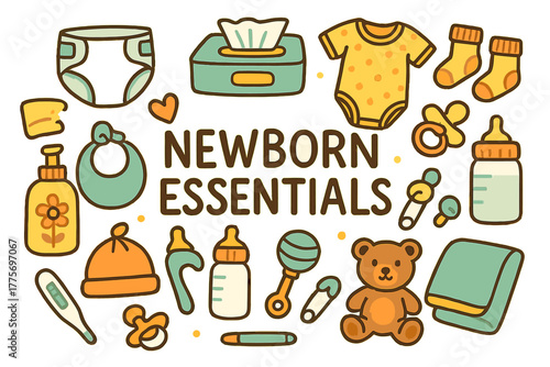 Newborn Essentials Doodle. Newborn Essentials. Hand-drawn doodle illustration of newborn essentials. Diapers,