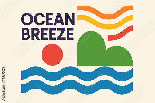 Minimalist Ocean Design. Ocean Breeze. modern minimalist geometric vector composition, clean flat typography,