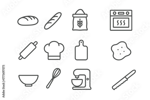 Bread Bakery Icons. Bread bakery. Line outline icon set of bread bakery: loaf of bread, baguette, flour bag,