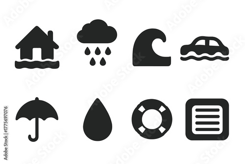 Flood Survival Icons. Floods. Filled icon set of floods: house in water, rain cloud, wave, car submerged,