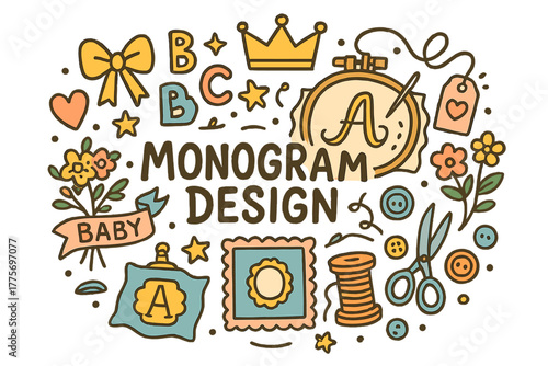 Colorful Monogram Doodle. Monogram Design. Hand-drawn doodle illustration of monogram design. Letters, crown,