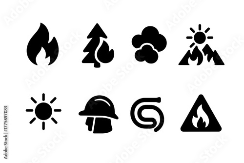 Wildfire Icon Set. Wildfires. Filled icon set of wildfires: flame, burning tree, smoke, mountain, sun heat,