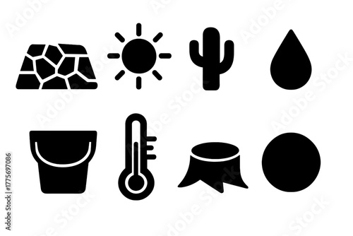 Drought Symbol Icons. Droughts. Filled icon set of droughts: cracked earth, sun, cactus, droplet, empty bucket