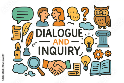Dialogue & Inquiry Doodle. Dialogue and Inquiry. Hand-drawn doodle illustration of dialogue and inquiry.