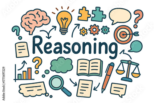 Reasoning Doodle Elements. Reasoning. Hand-drawn doodle illustration of reasoning. Brain, light bulb, puzzle