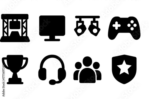 Gaming Arena Icons. Gaming arena. Filled icon set of gaming arena: stage, monitor screen, lights, controller,