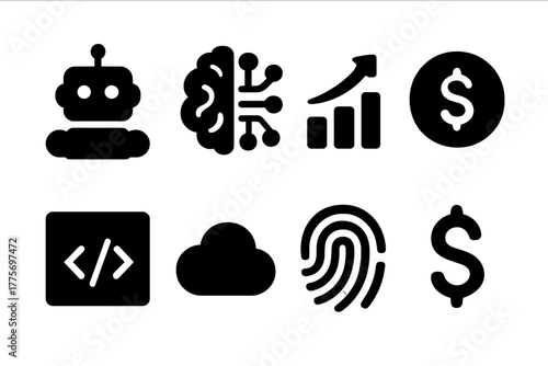 AI Finance Icons. AI in finance. Filled icon set of AI in finance: robot, brain circuit, chart, coin, code