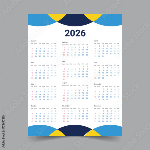 Colorful 2026 Wall Calendar Template Layout