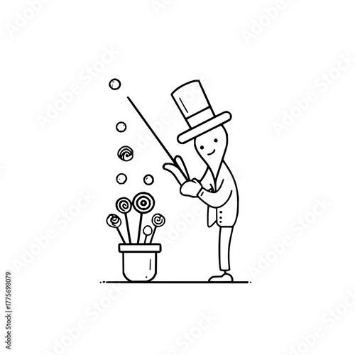 Magician doodle with top hat performing magic trick with flowers and bubbles line art vector design