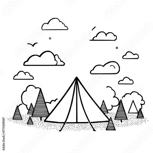Camping tent in nature landscape drawing with trees and clouds vector illustration design element