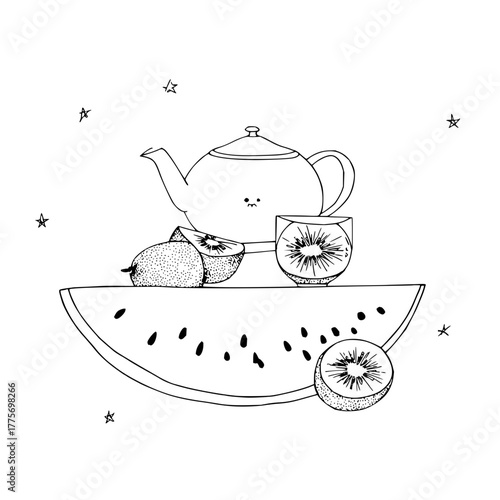 Teapot and fruit illustration black and white drawing for coloring page tea party food and beverage art