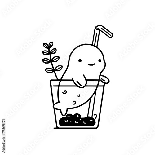 Cute narwhal boba tea illustration kawaii drawing vector design for print and graphic design projects