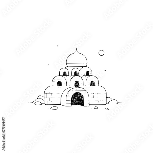 Illustration of fantasy stone igloo castle architecture drawing for coloring page and graphic design 100