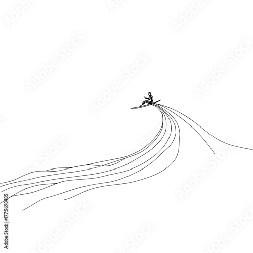 Minimalist surfer riding wave illustration black and white line art ocean surfing sport adventure lifestyle design 100