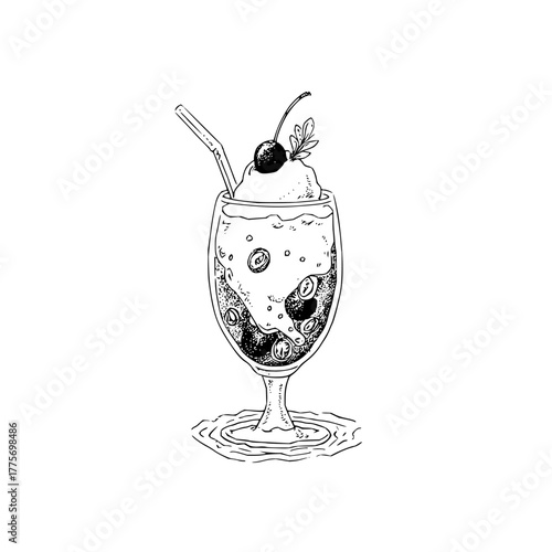 Hand drawn vintage cherry sundae illustration for dessert menu and summer drink design projects art line work