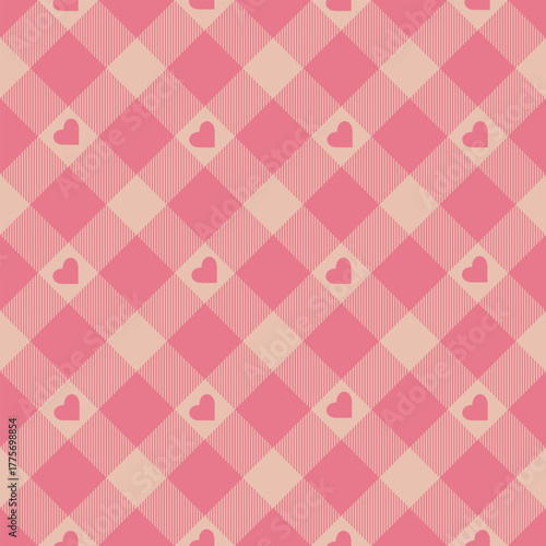 Seamless pink color check heart pattern.Repeating patern plaid. Checkered design for prints.Repeated tartan fabric.Vector scottish fabriс. Ekose texture. Madras flannel.Checker line.Stripe gingham.



