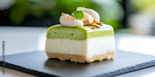 Refreshing matcha dessert assortment with mochi cheesecake and dusted cookies on ceramic platter