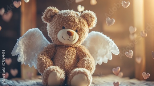 A cuddly soft toy with wings and floating love symbols isolated on a white background