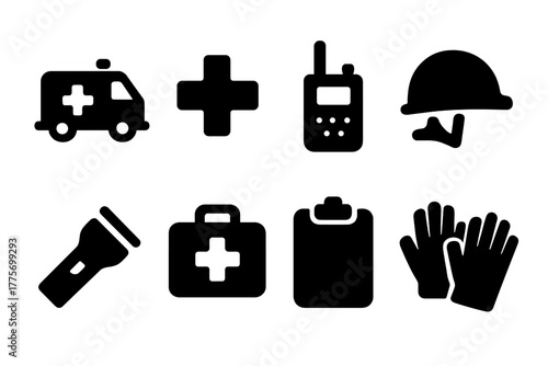 First Response Icons. First response. Filled icon set of first response: ambulance, cross symbol, radio,