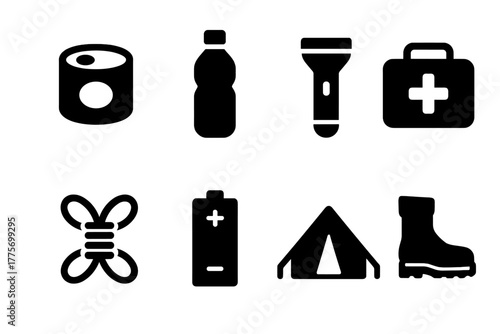 Emergency Supply Icons. Emergency supplies. Filled icon set of emergency supplies: food can, water bottle,