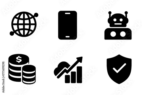 Digital Finance Icons. Digital finance future. Filled icon set of digital finance future: globe network,