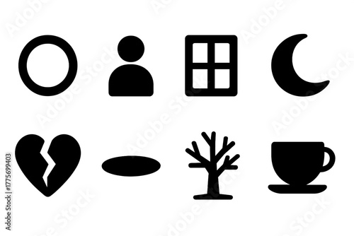 Emptiness Icon Set. Emptiness. Filled icon set of emptiness: hollow circle, lone figure, window, moon, broken