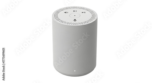 Cylindrical smart speaker with perforated top isolated on transparent background