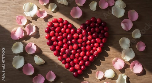 Heart Shape Composition Crafted From Cranberries and Delicate Rose Petals On Wood
