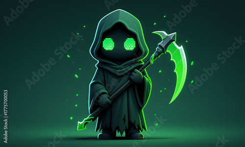 Cute Cartoon Grim Reaper with Glowing Pixel Eyes and Scythe Illustration